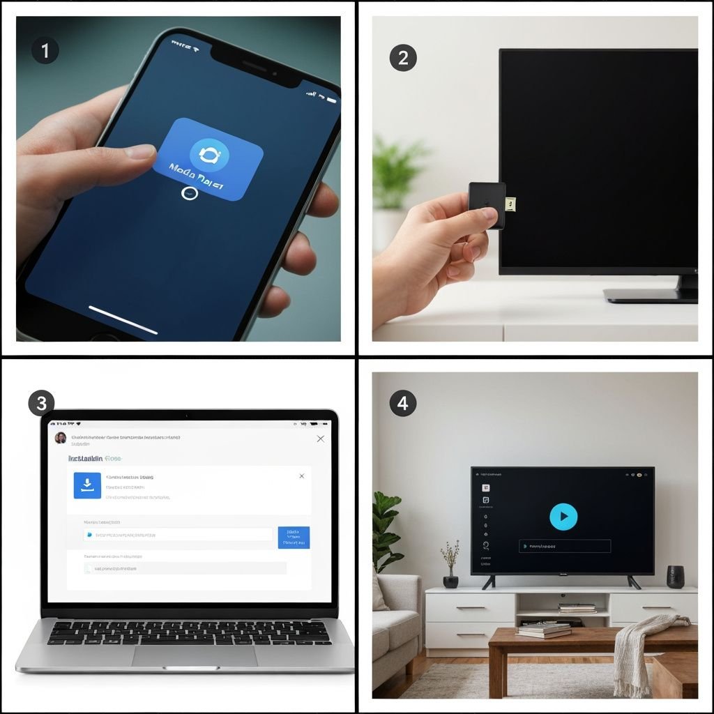 Guide installation en quatre étapes : application mobile, appareil streaming, téléchargement et lecture sur TV.