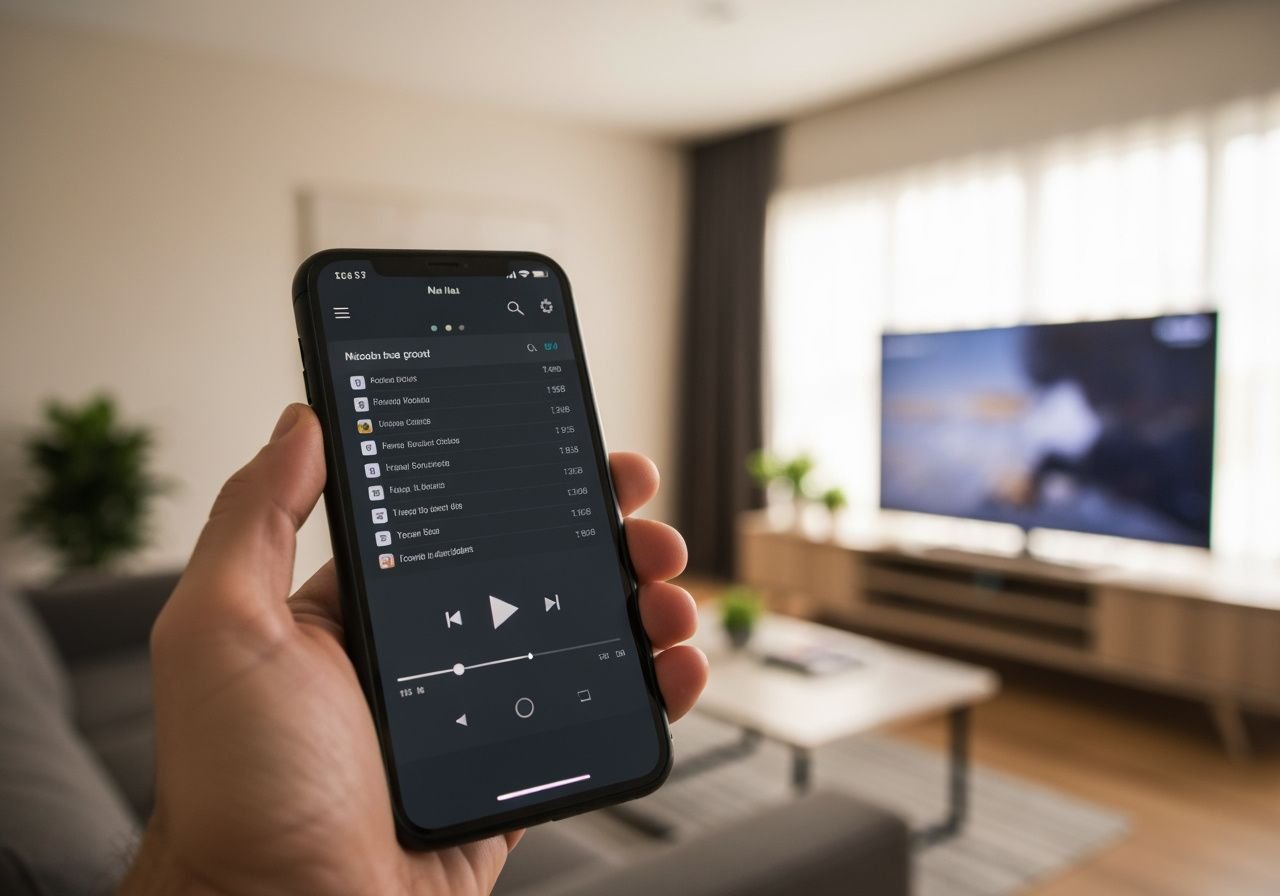 Application lecteur IPTV affichée sur écran de smartphone en environnement domestique.