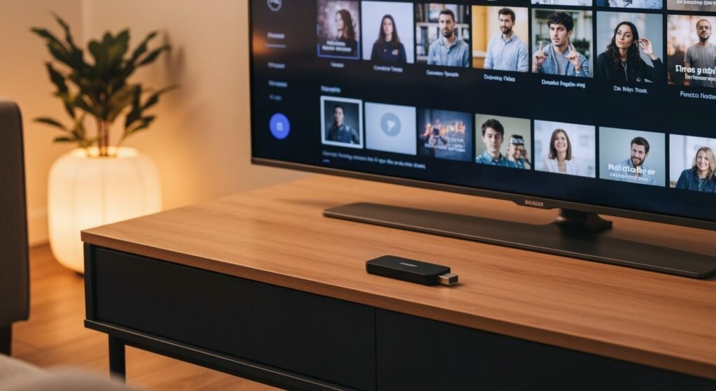 Bâton de streaming HDMI connecté à un téléviseur moderne affichant une interface de streaming générique