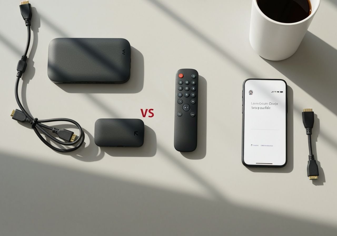 Accessoires de configuration : bâton streaming, télécommande, câbles HDMI et guide de mise en place