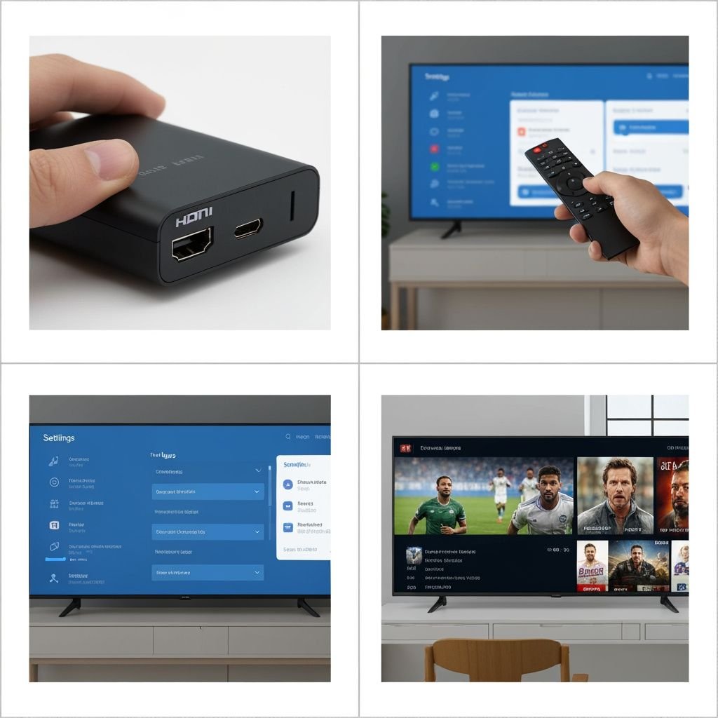 Quatre étapes d'installation IPTV : appareil, télécommande, paramètres et contenu en lecture sur écran