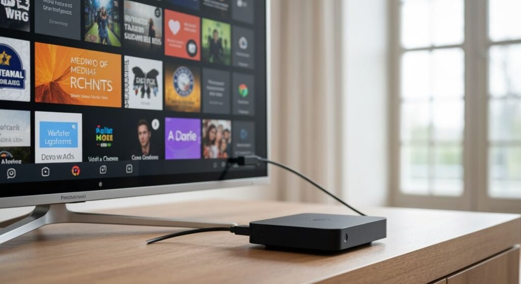 Boîtier multimédia Android connecté à un téléviseur affichant une interface de streaming avec chaînes colorées