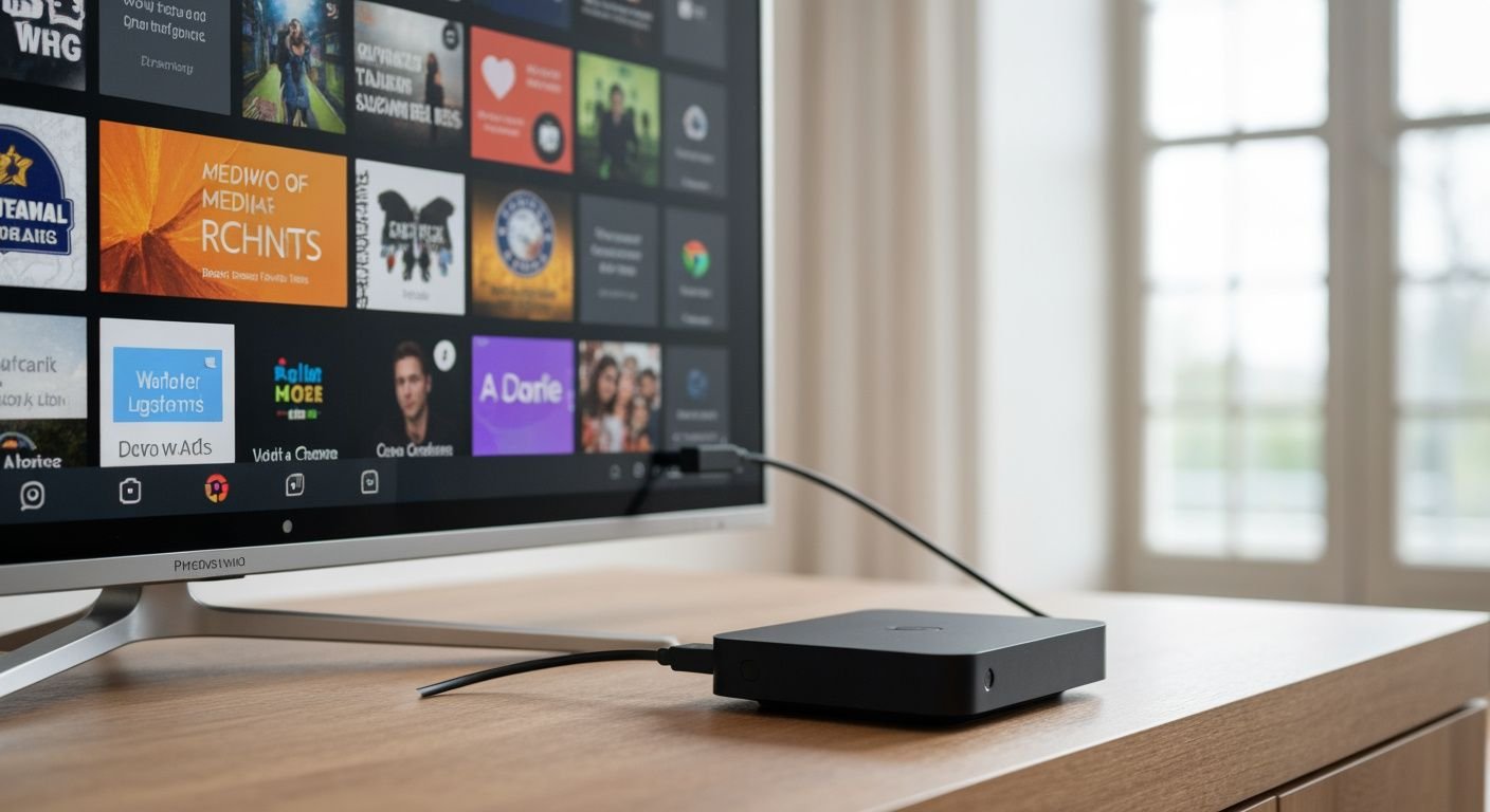 Boîtier multimédia Android connecté à un téléviseur affichant une interface de streaming avec chaînes colorées