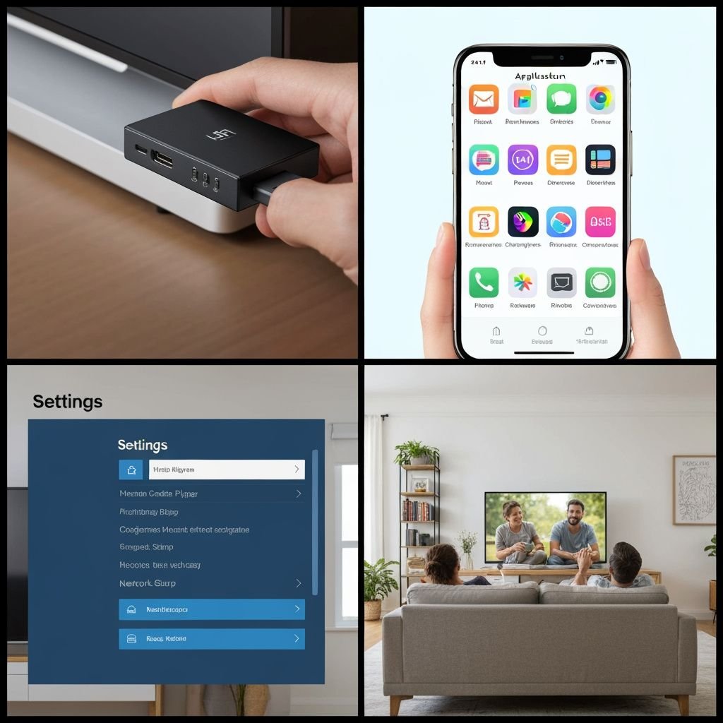 Quatre étapes d'installation IPTV : connexion appareil, sélection application, configuration paramètres, visionnage