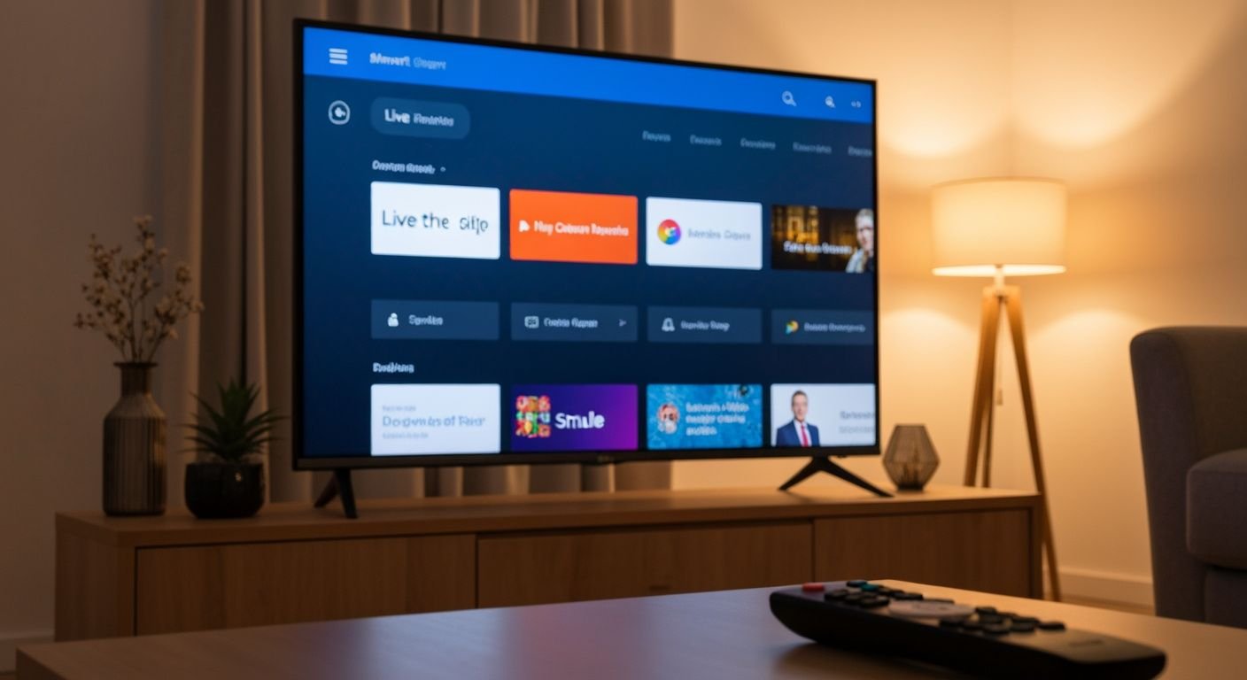 Téléviseur moderne affichant une interface de streaming avec chaînes et contenu en direct