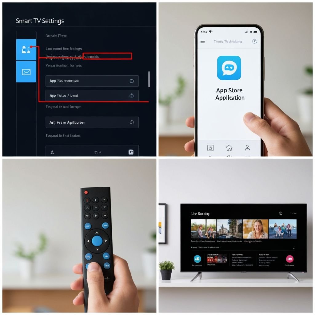 Guide en quatre étapes : paramètres TV, app store, télécommande, et lecture de contenu