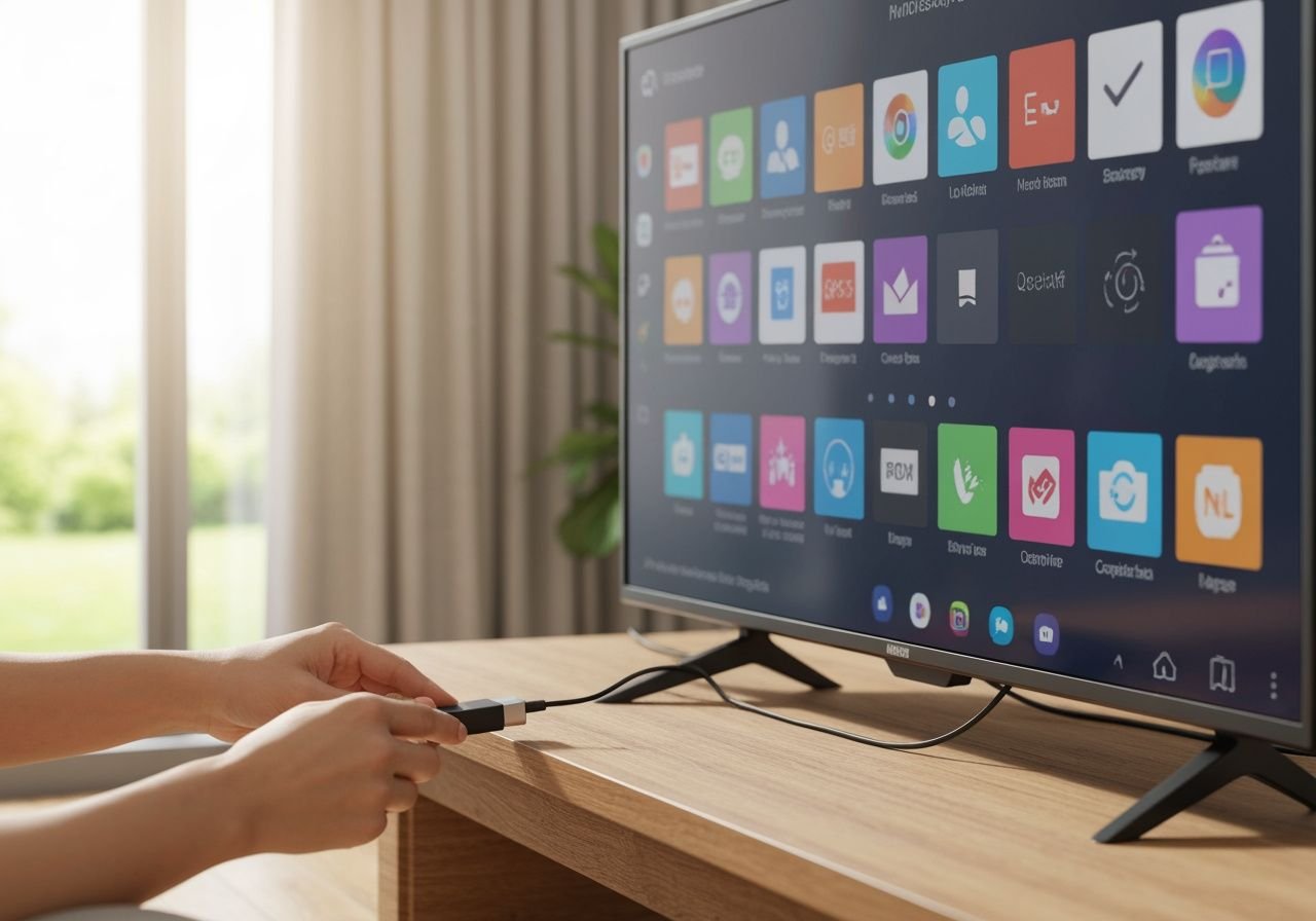 Installation d'un appareil de streaming sur un téléviseur moderne dans un salon