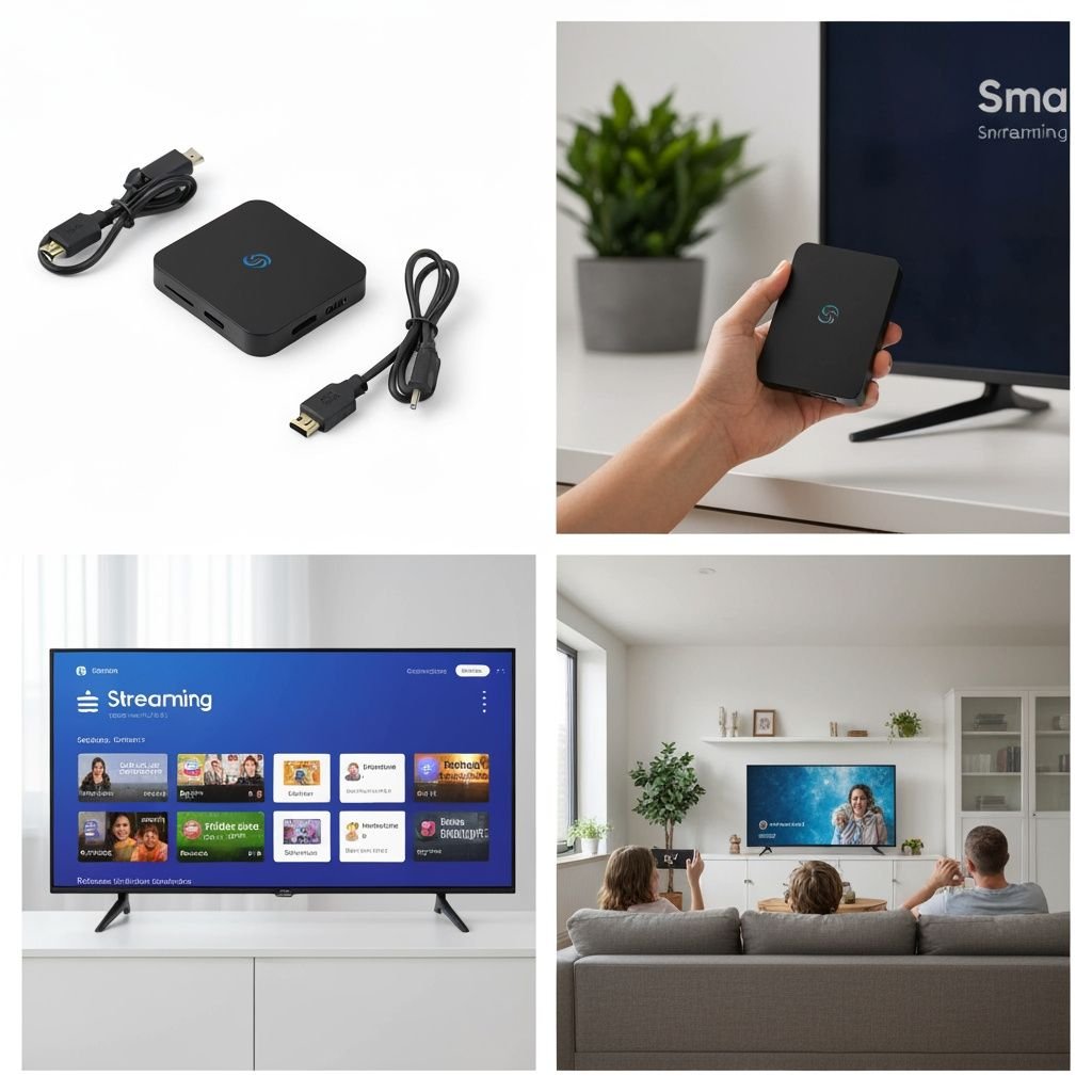 Quatre étapes d'installation et utilisation : appareil, connexion TV, interface application, visionnage en famille.