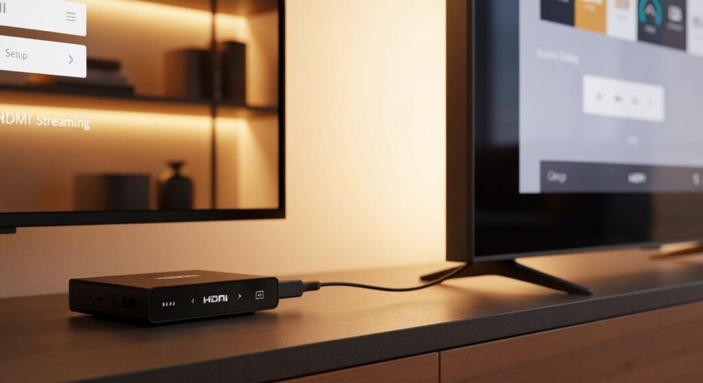 Appareil de streaming compact connecté à un téléviseur moderne dans un salon contemporain.
