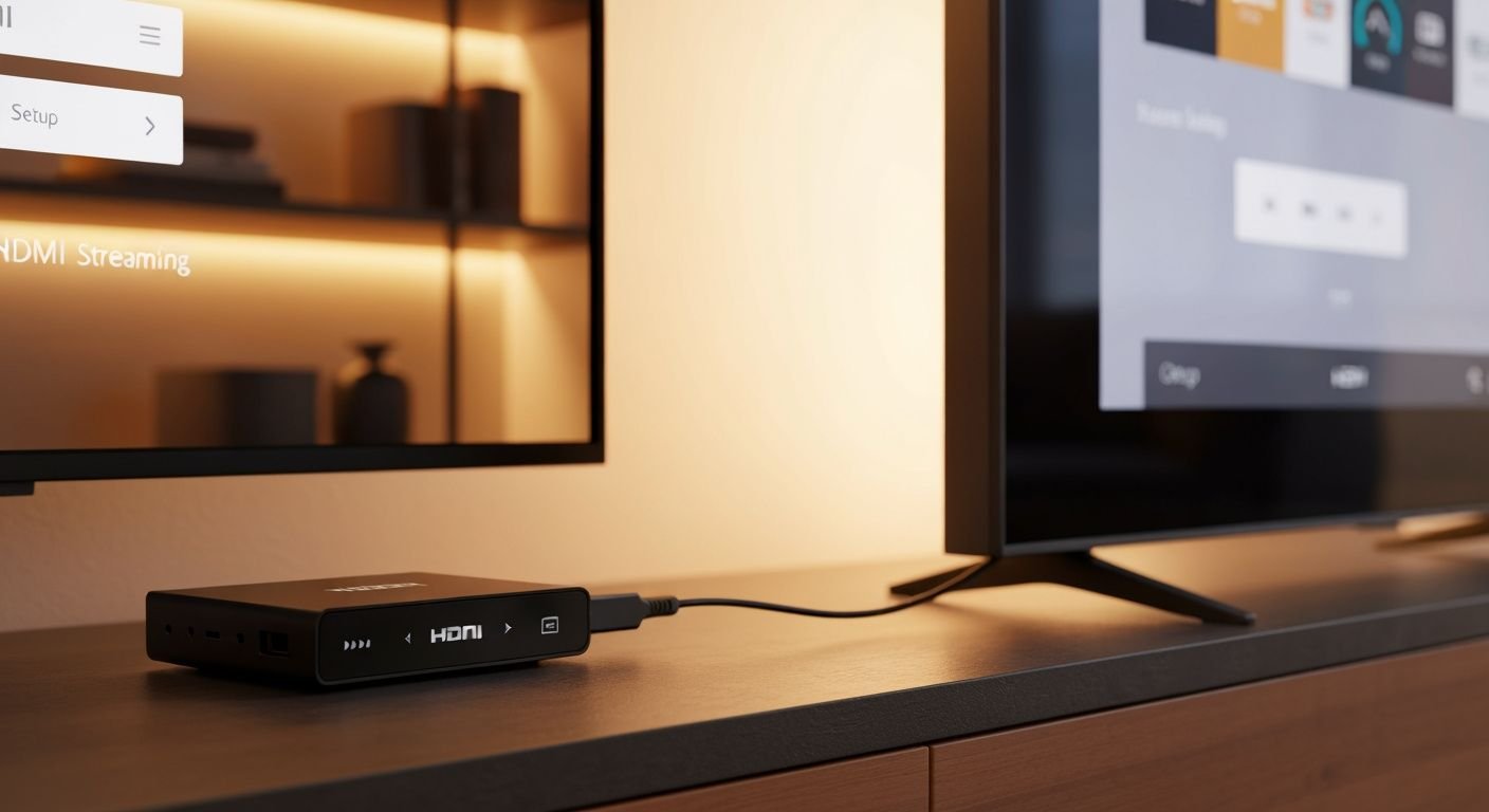 Appareil de streaming compact connecté à un téléviseur moderne dans un salon contemporain.