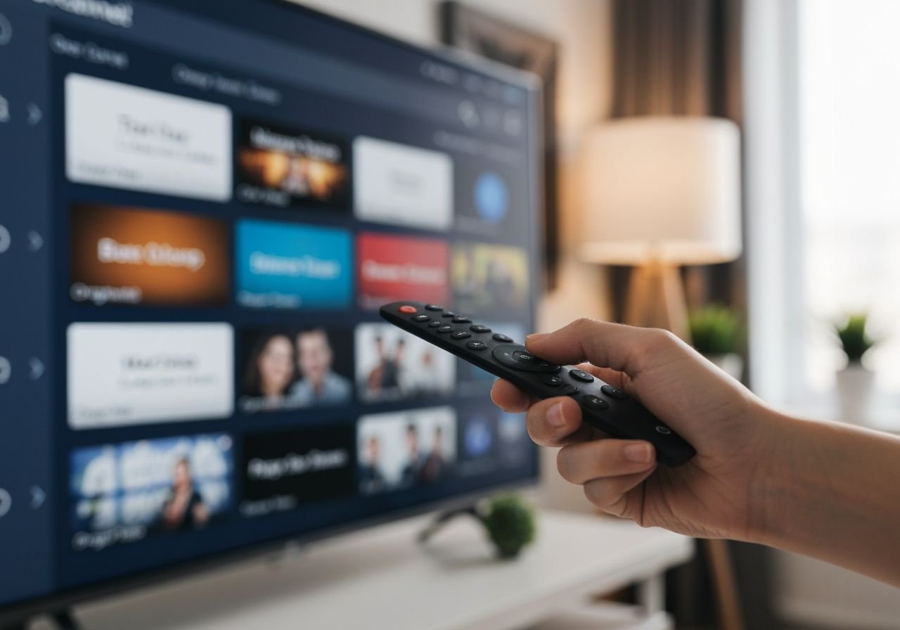 Télécommande naviguant dans l'interface de streaming avec canaux et catégories de contenu.