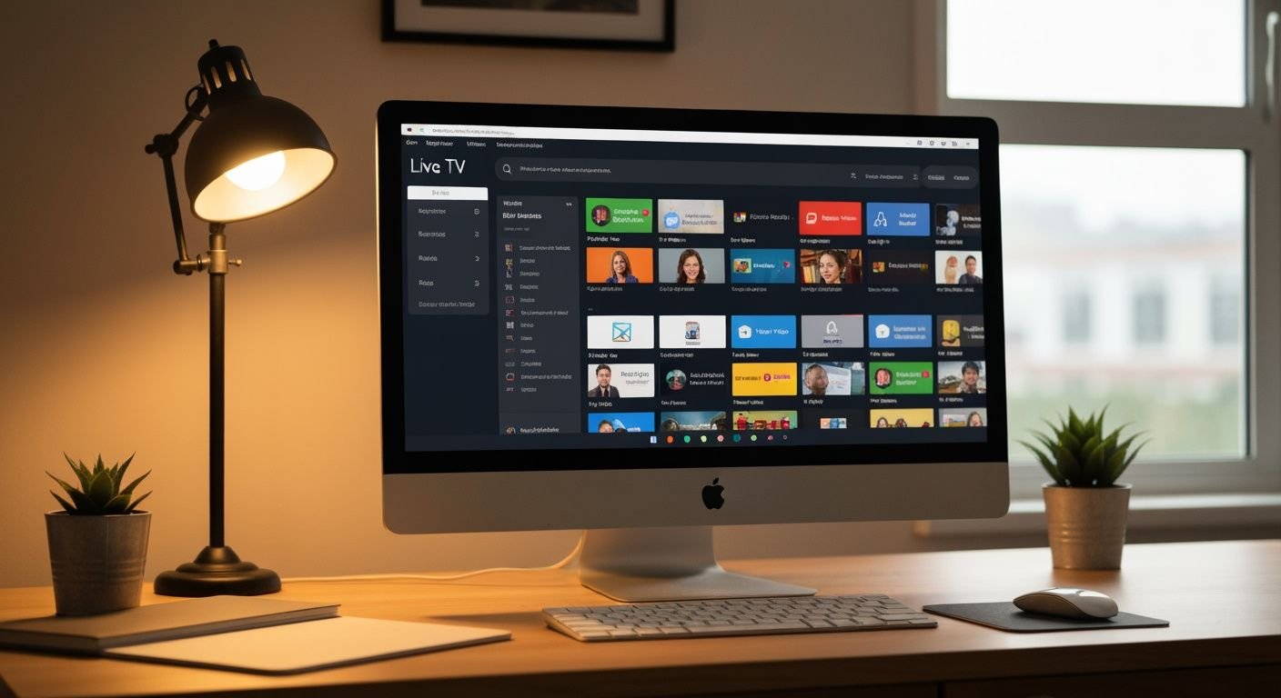 Ordinateur de bureau avec interface de streaming IPTV affichée sur l'écran principal