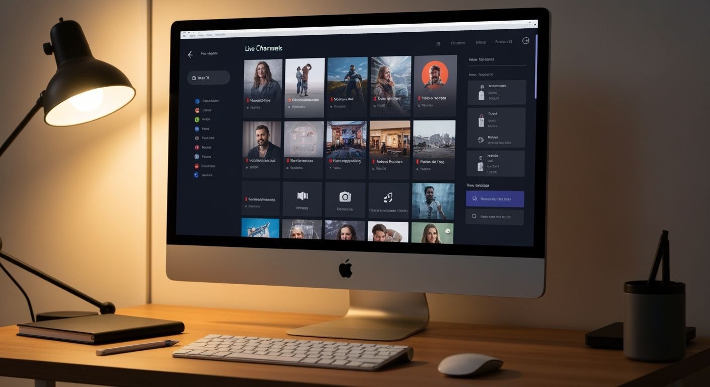 Ordinateur de bureau avec interface de streaming IPTV affichée sur l'écran principal