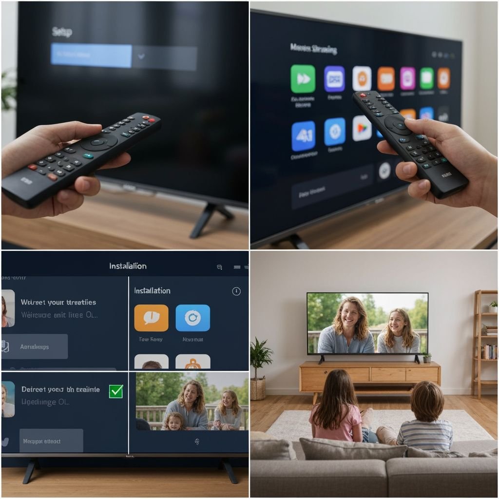 Quatre étapes d'installation IPTV : télécommande, navigation, configuration et visionnage sur Smart TV