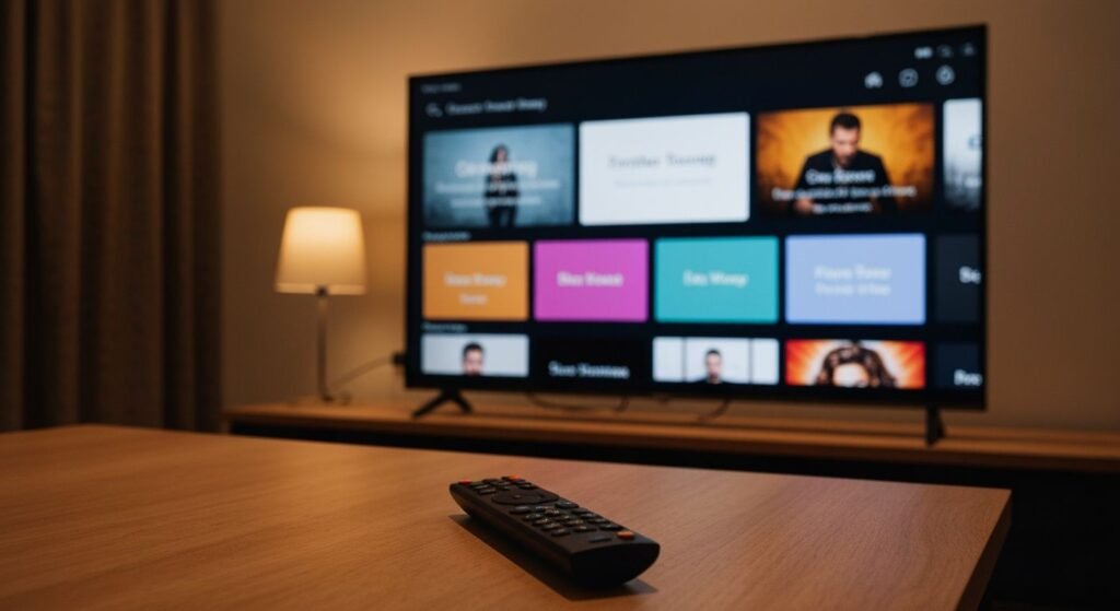 Téléviseur intelligent affichant une interface de streaming avec applications, télécommande en avant-plan