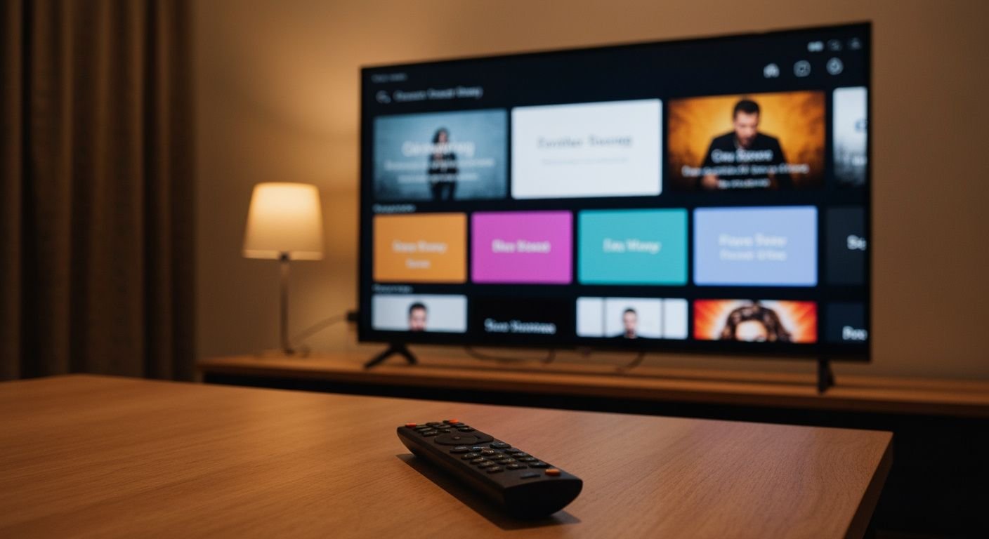 Téléviseur intelligent affichant une interface de streaming avec applications, télécommande en avant-plan