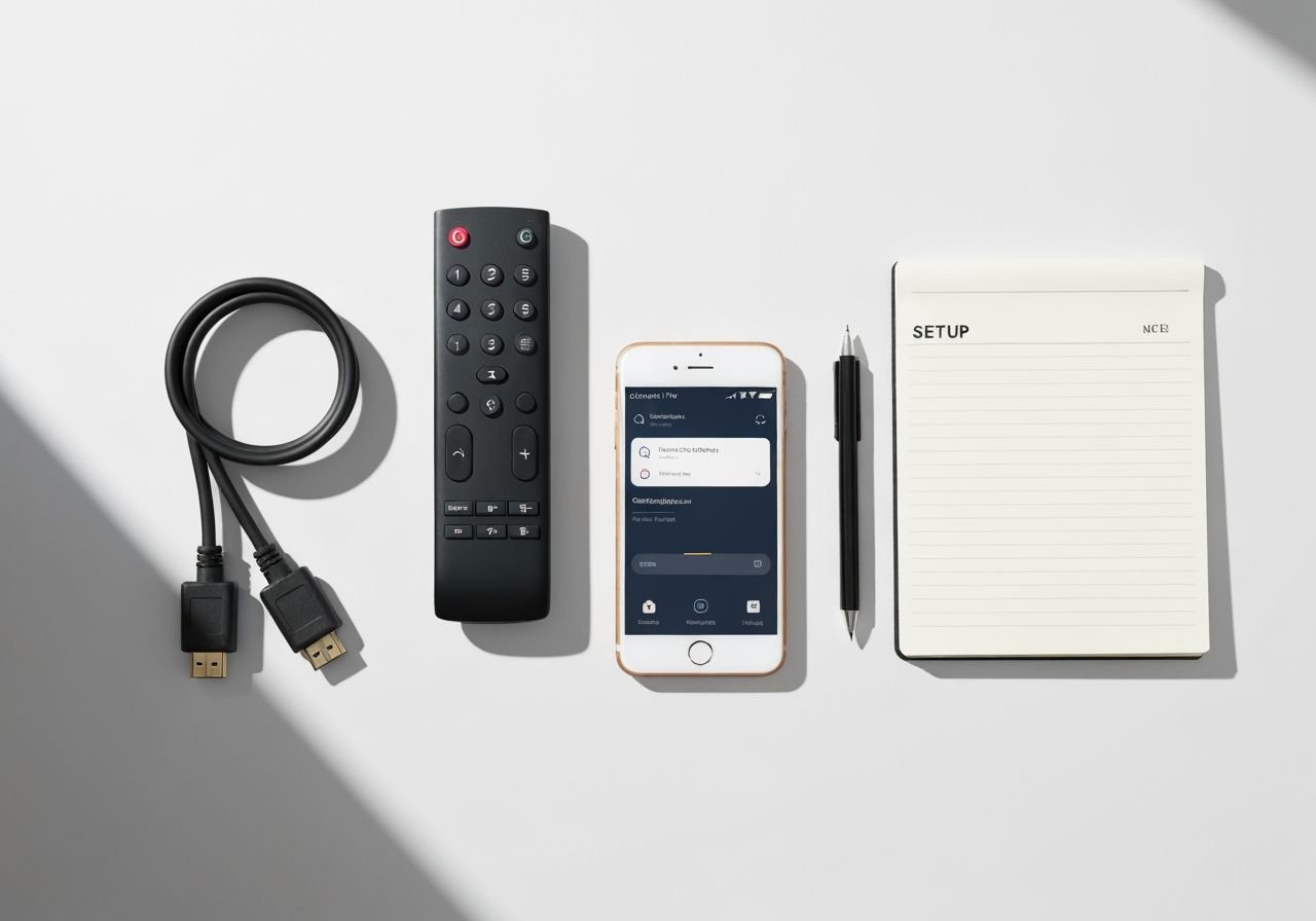 Accessoires d'installation : télécommande, câble HDMI, smartphone et notes de configuration
