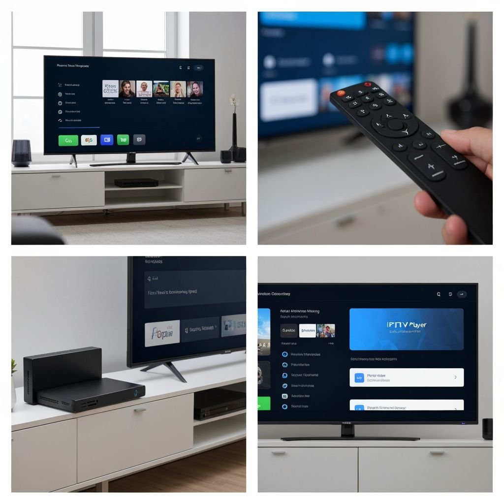 Grille de quatre images montrant installation IPTV : TV, télécommande, box streaming et interfaces comparées