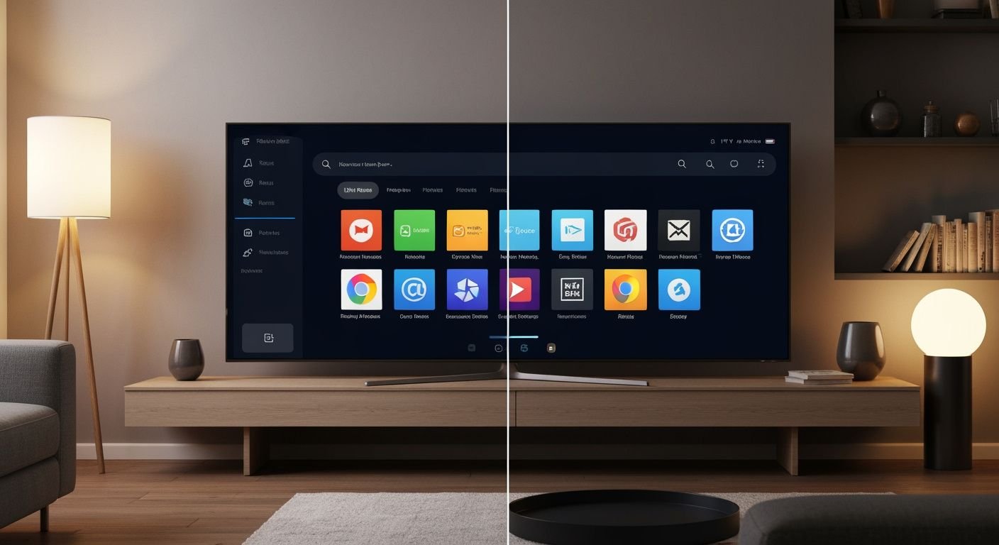 Comparaison d'applications IPTV sur un Smart TV moderne avec interface de streaming générique