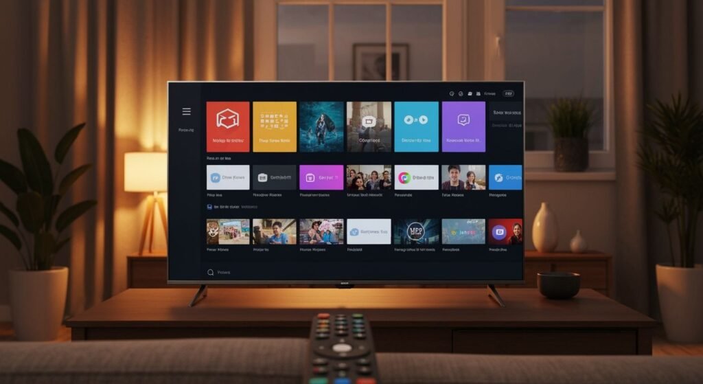 Téléviseur Smart TV moderne affichant une interface de streaming avec applications disponibles