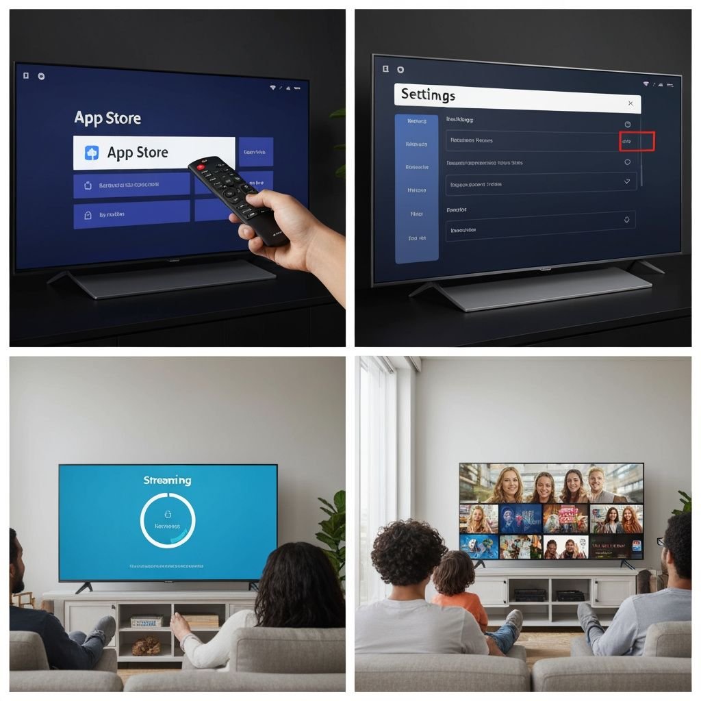 Quatre étapes d'installation IPTV : accès au menu, paramètres, chargement et visionnage
