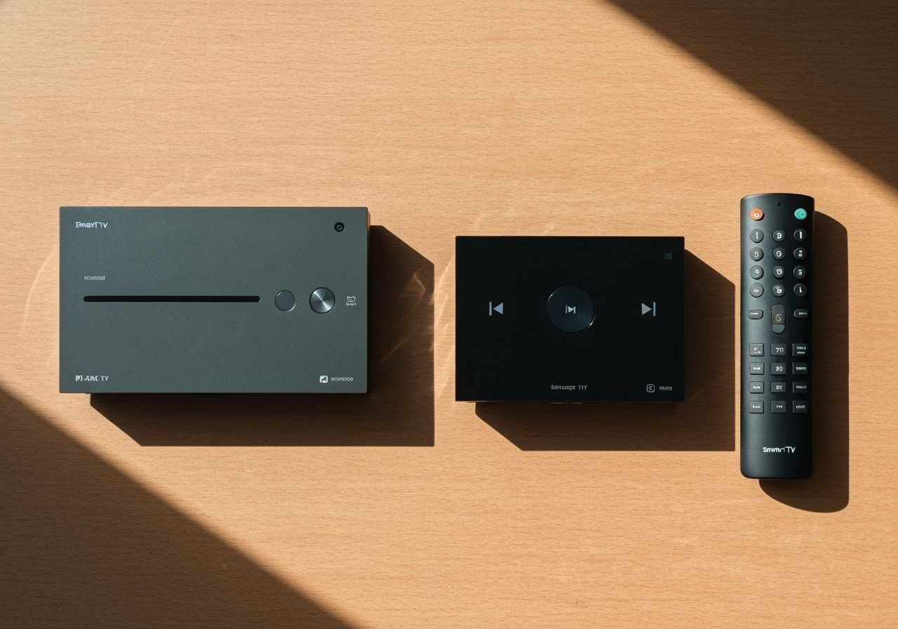 Comparaison de trois appareils de streaming et télécommande sur surface en bois, style éditorial