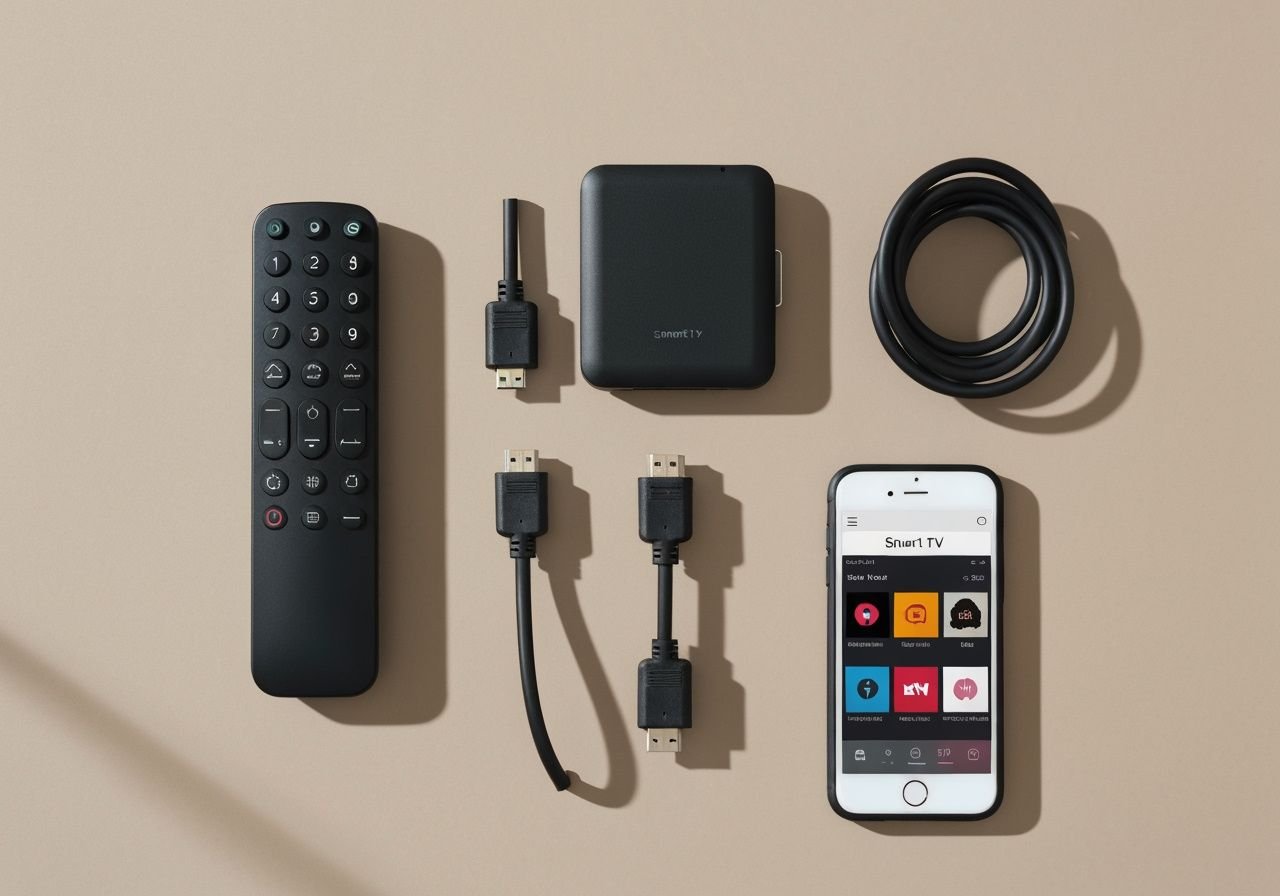 Accessoires de streaming et télécommande organisés pour l'installation IPTV sur Smart TV