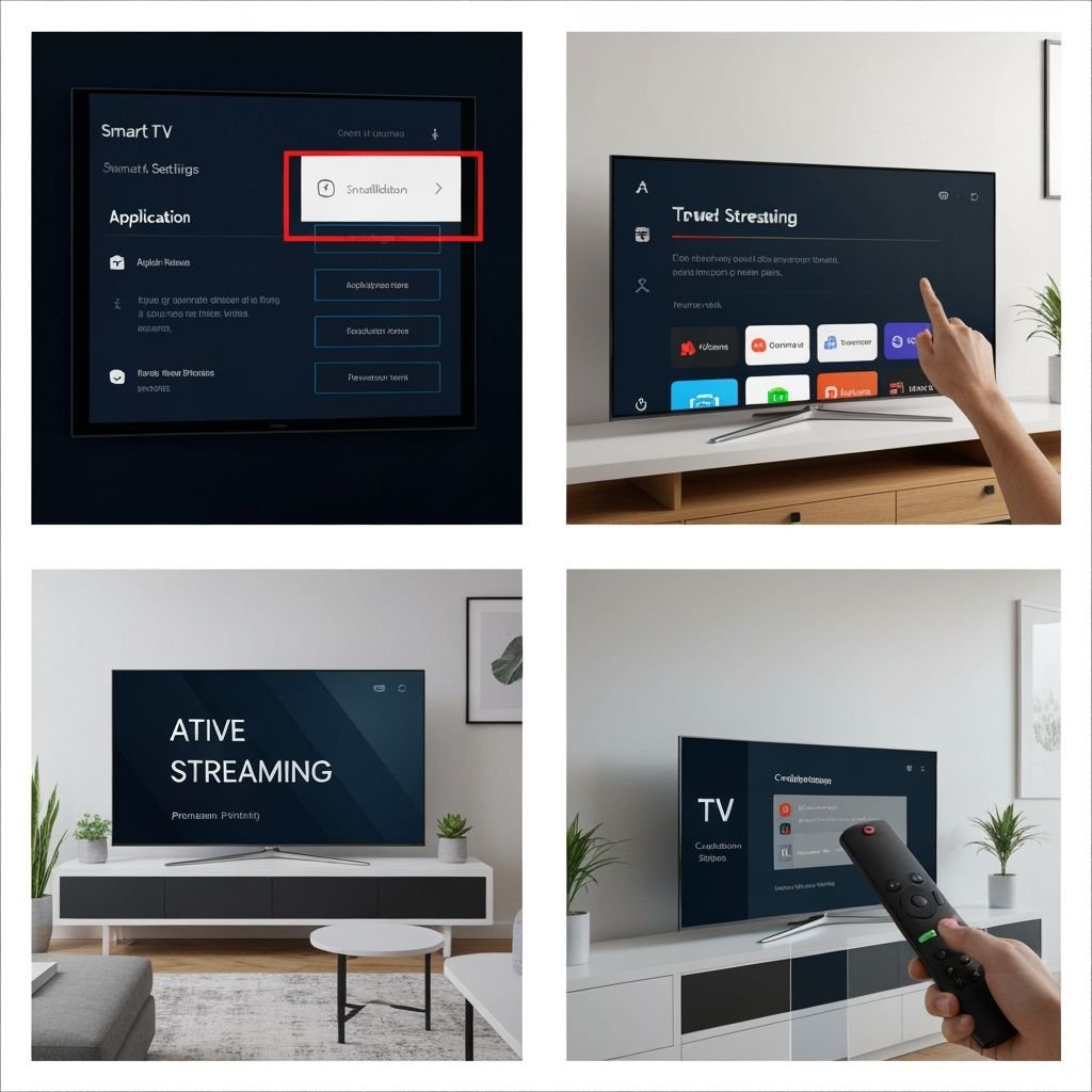 Quatre étapes d'installation IPTV : paramètres TV, navigation interface, téléviseur actif, télécommande de configuration