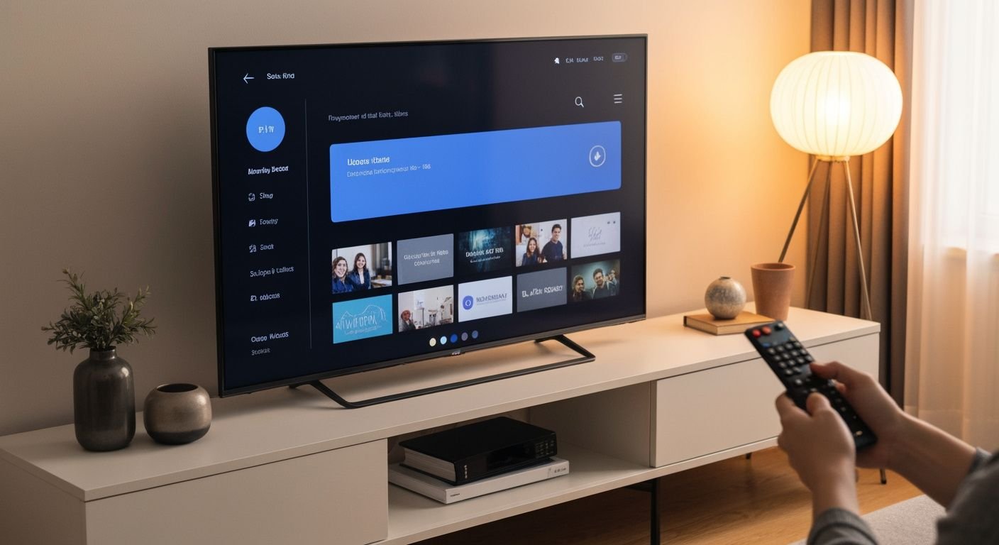 Installation d'une application IPTV sur un téléviseur connecté moderne avec menu de configuration visible