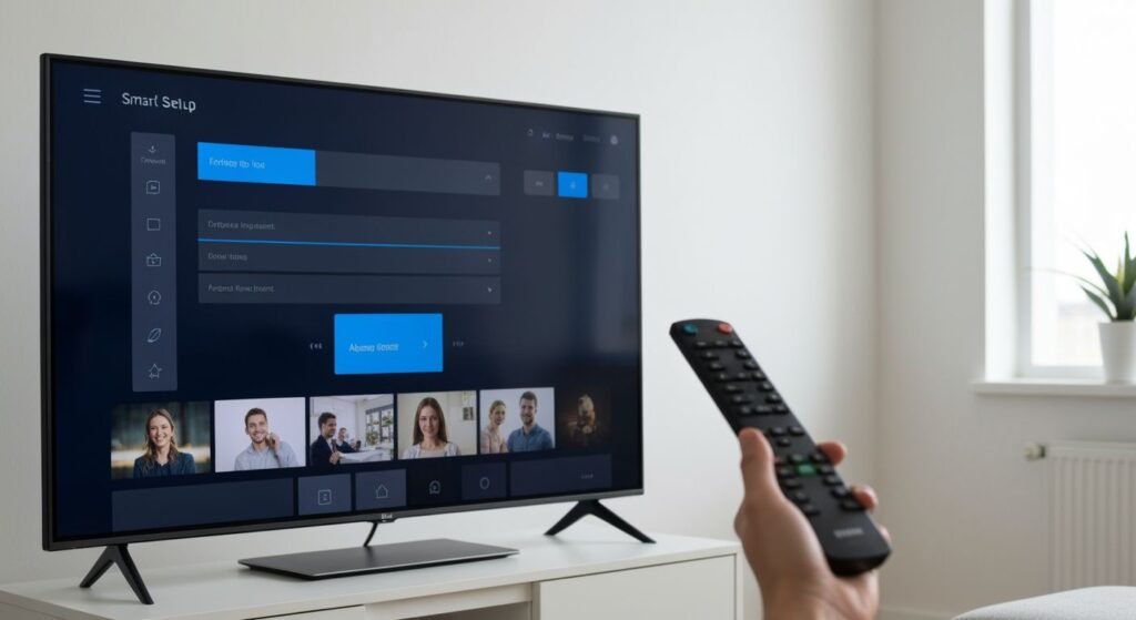 Téléviseur connecté affichant un menu de configuration avec télécommande à la main