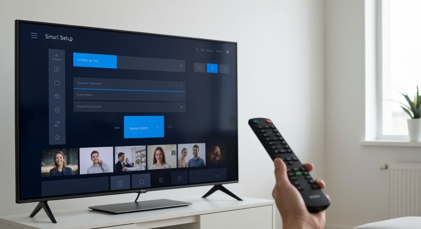 Téléviseur connecté affichant un menu de configuration avec télécommande à la main