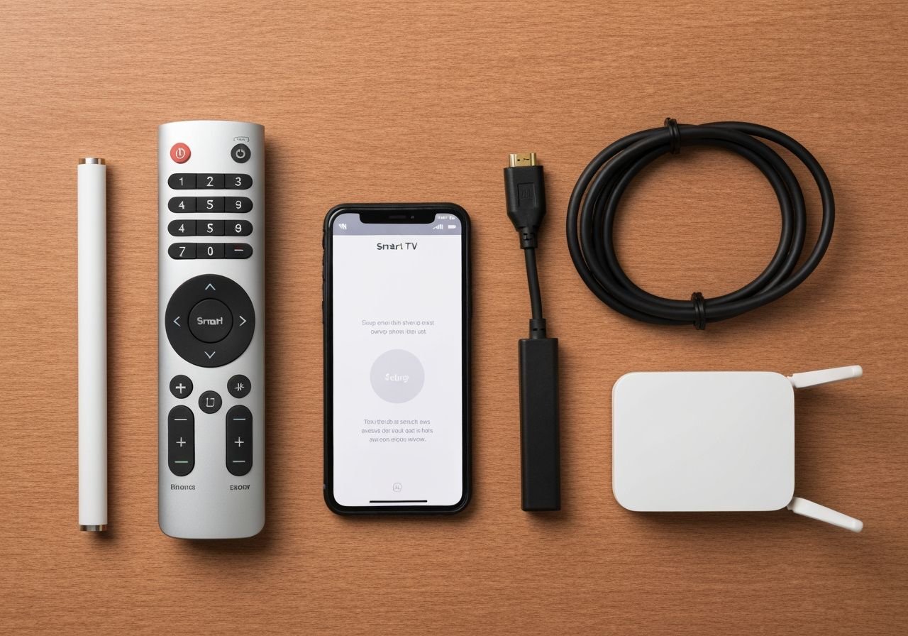 Accessoires d'installation : télécommande, smartphone, câble HDMI et routeur sur bureau