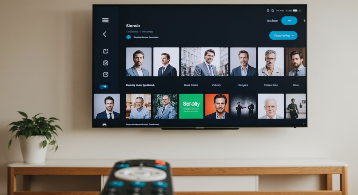 Installation d'une application IPTV sur un Smart TV moderne dans un salon lumineux
