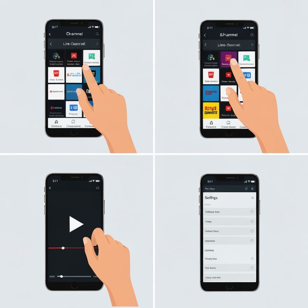 Quatre étapes : application IPTV, sélection chaîne, lecture vidéo, paramètres qualité sur mobile