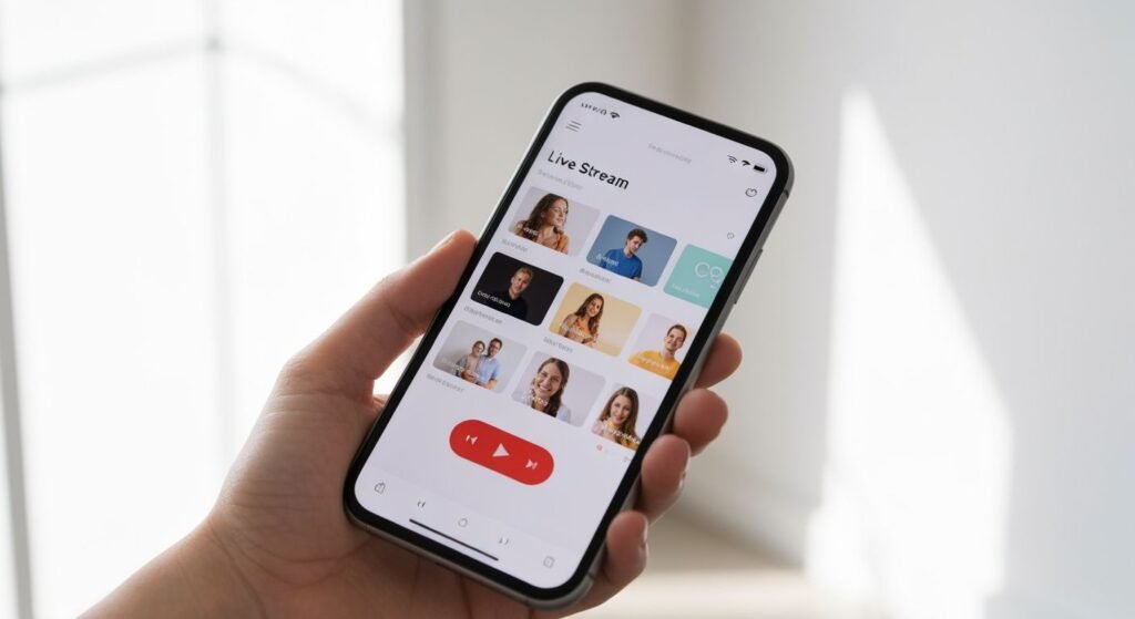 Smartphone affichant une interface de streaming TV en direct avec chaînes et contrôles de lecture