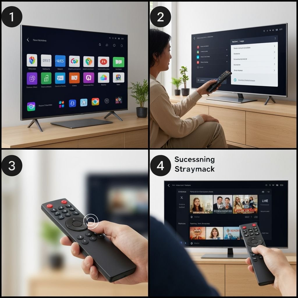 Quatre étapes d'installation IPTV : menu système, paramètres, navigation et lecture