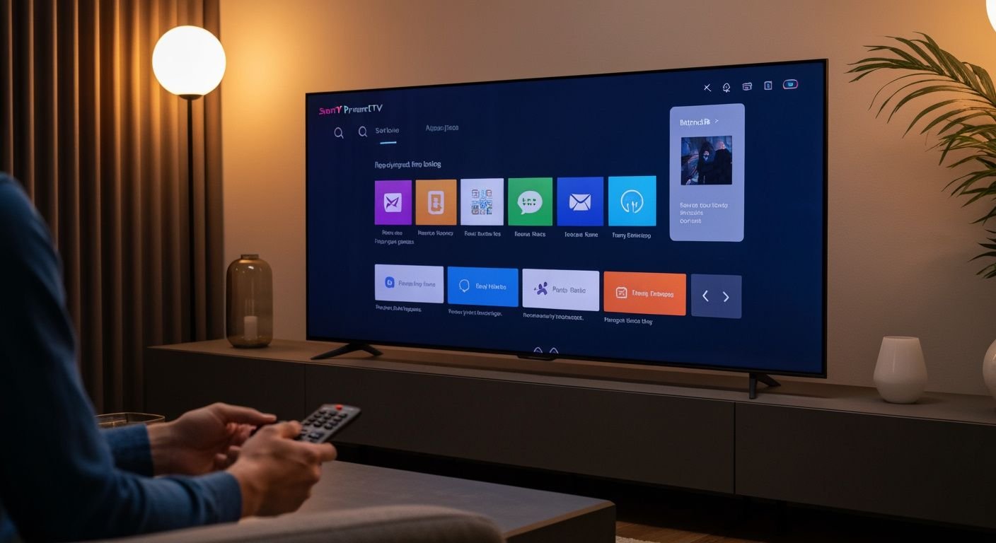 Téléviseur moderne affichant une interface de streaming dans un salon contemporain