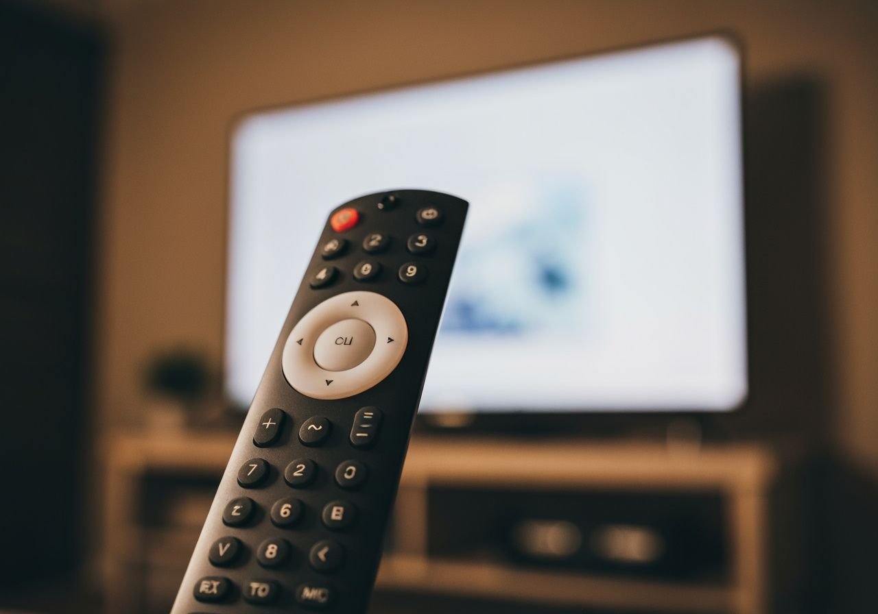 Télécommande ergonomique pointée vers un téléviseur premium en arrière-plan