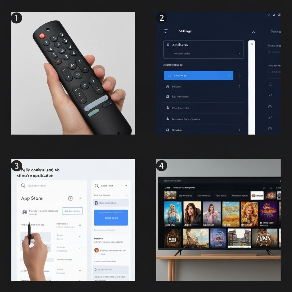 Guide en quatre étapes : télécommande, paramètres système, installation d'application et interface de streaming configurée.