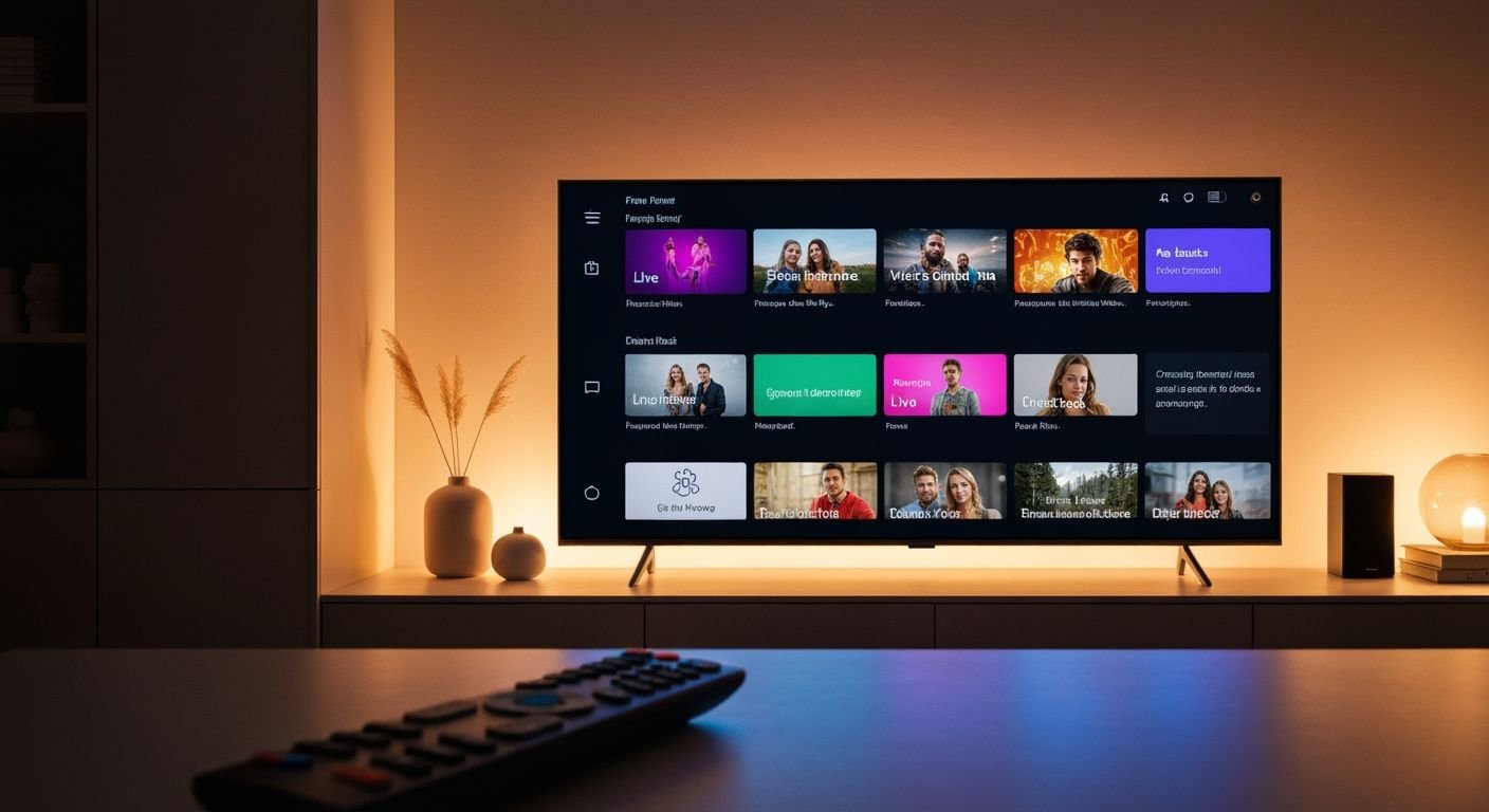 Téléviseur moderne affichant une interface de streaming avec chaînes et contenu en direct dans un salon élégant.