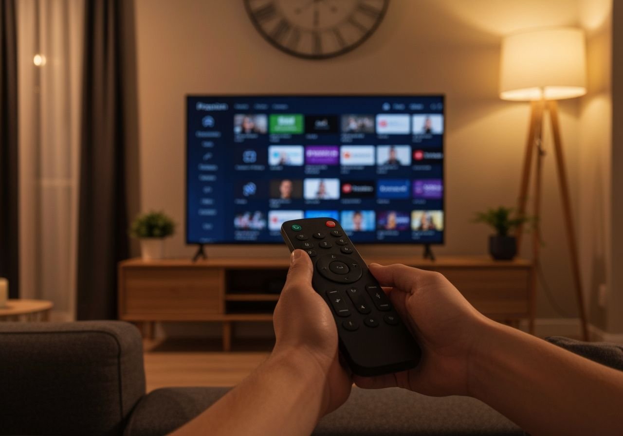 Utilisateur tenant une télécommande pointée vers un téléviseur moderne affichant une interface de streaming.