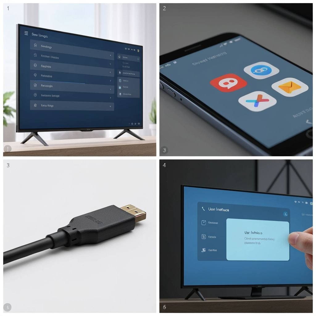 Quatre étapes d'installation IPTV : paramètres TV, sélection application, connexion HDMI et vérification compatibilité