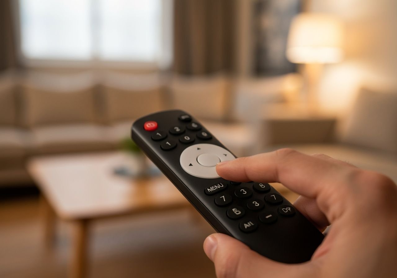 Gros plan sur une télécommande de Smart TV avec le bouton paramètres mis en évidence dans un salon