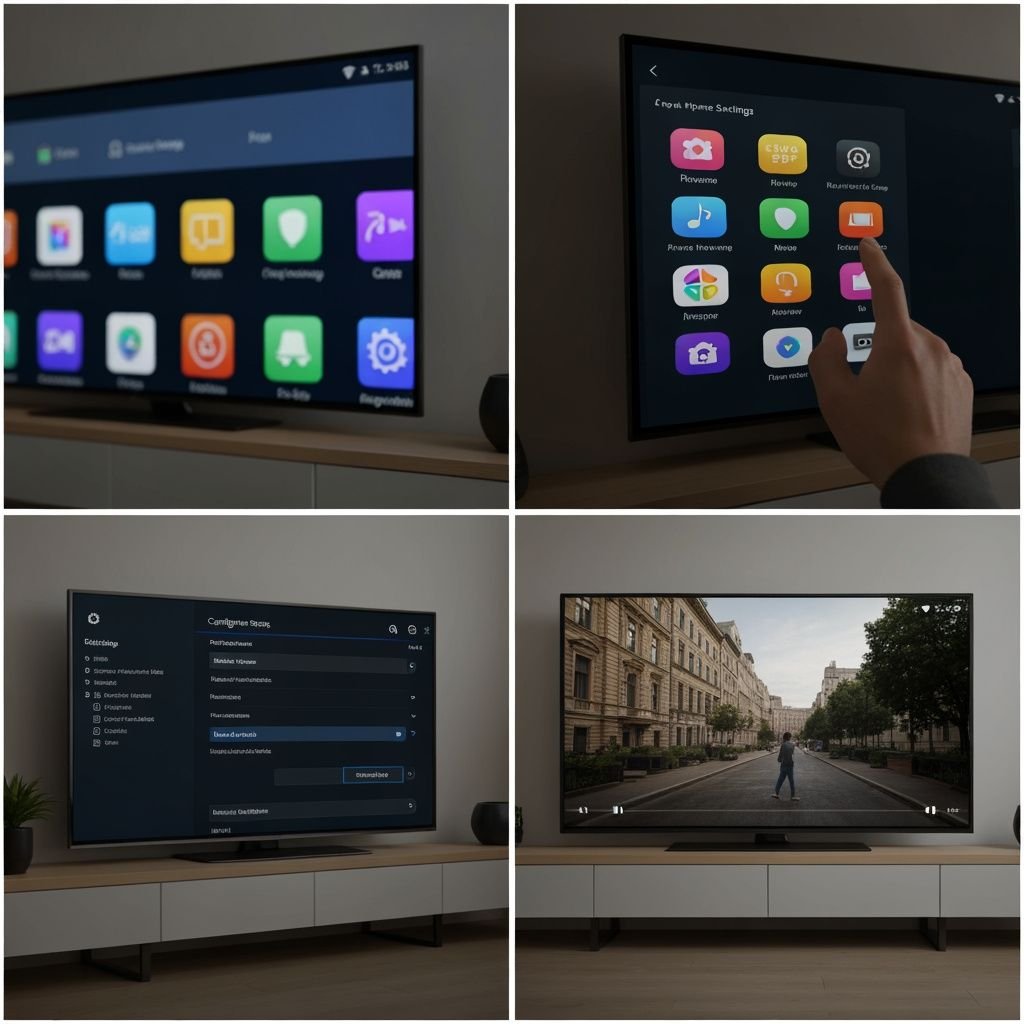Quatre étapes d'installation IPTV : menu système, sélection app, paramètres, lecture vidéo