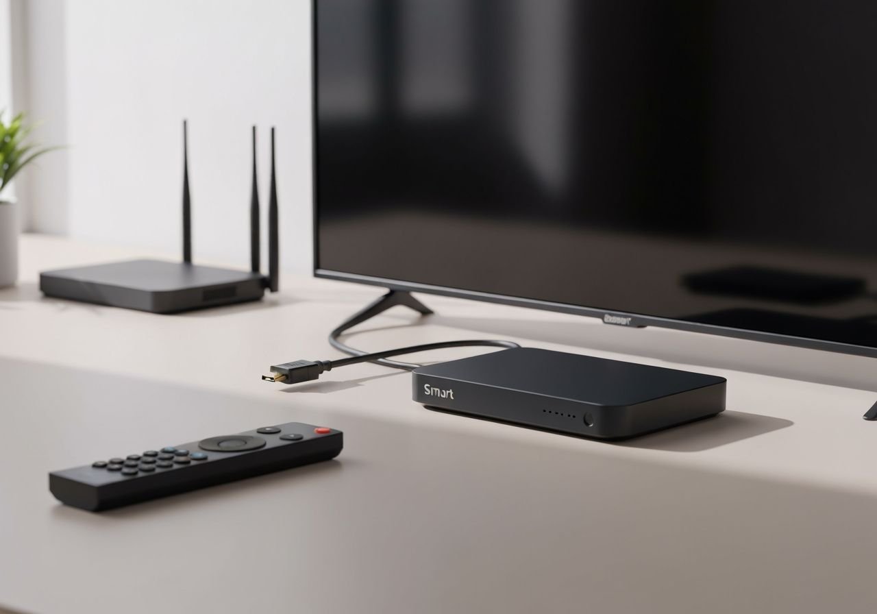 Configuration d'une Smart TV avec câble HDMI et télécommande sur bureau