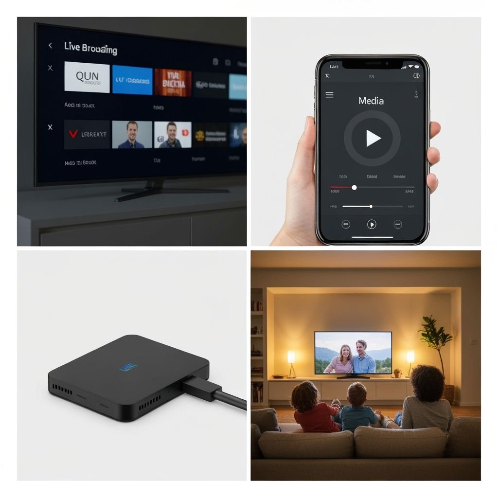 Quatre scènes : interface de streaming, application mobile, appareil de streaming, famille regardant la TV