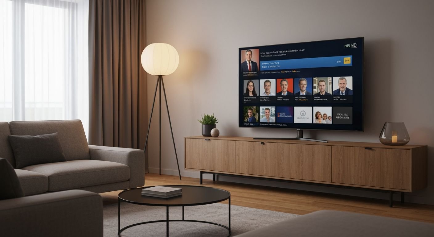 Téléviseur moderne affichant un programme TF1 en direct avec un appareil de streaming connecté