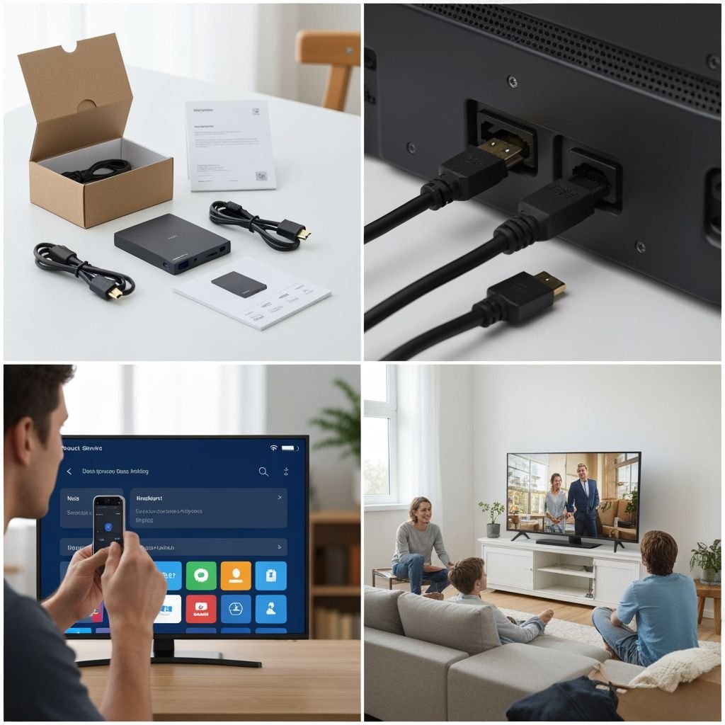 Guide d'installation IPTV : déballage, connexion câbles, interface et visionnage en famille.
