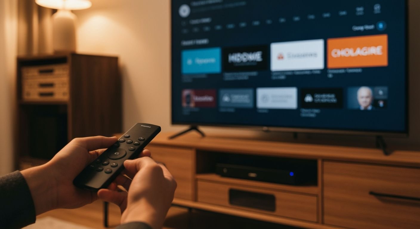 Boîtier IPTV connecté à une Smart TV avec interface de streaming affichée à l'écran.