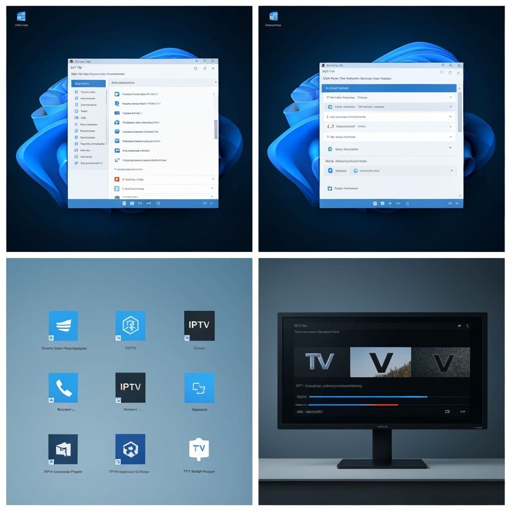 Quatre étapes d'installation et utilisation d'applications IPTV sur Windows 11 : interface, paramètres, sélection d'apps...